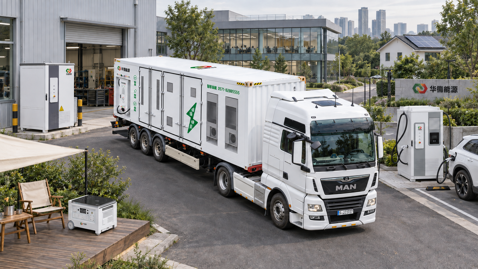 Illustrative HQESS energy campus with industrial storage, mobile energy and outdoor power